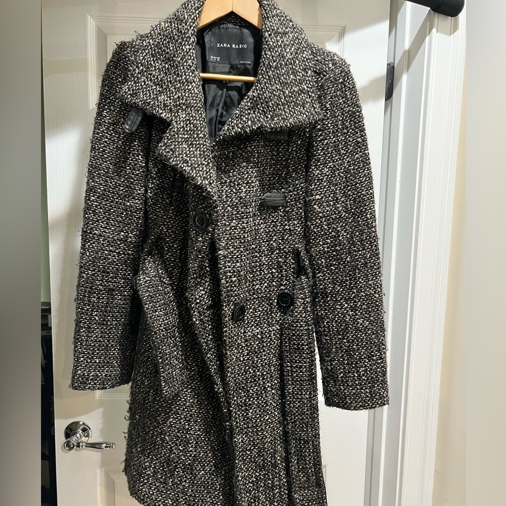 Zara Women’s Black and Brown Tweed Coat Jacket size S